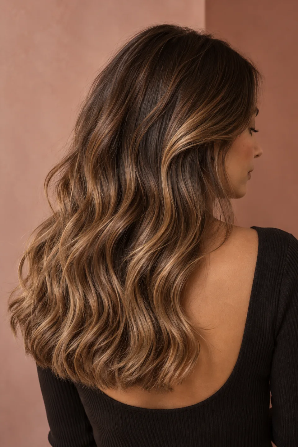Inspiration balayage : racines châtain foncé et fines touches caramel fondues dans les ondulations
