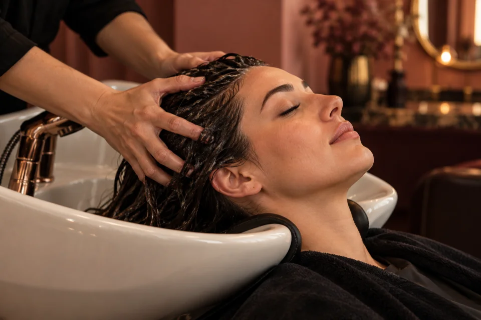 Illustration d’un rituel capillaire : massage du cuir chevelu au bac dans une lumière chaleureuse