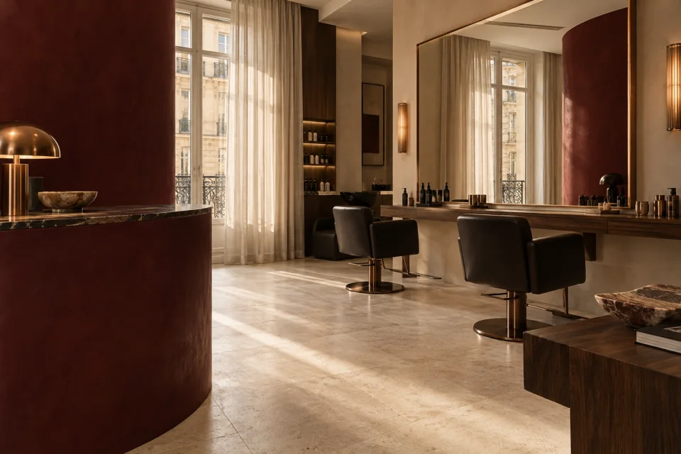 Scénographie du studio fictif NUÉ : fauteuils noirs, murs bordeaux, pierre crème et miroir champagne