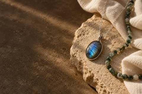 Pendentif aux reflets bleus et perles sur pierre et lin, composition d’ambiance illustrative
