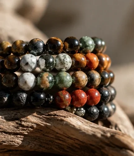 Bracelets aux nuances de terre sur du bois, visuel fourni