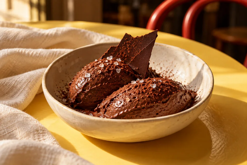 Mousse au chocolat noir, éclats de chocolat et fleur de sel dans un bol crème