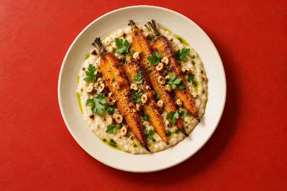 Carottes rôties, crème de haricots blancs, noisettes et huile de persil dans une assiette crème vue du dessus