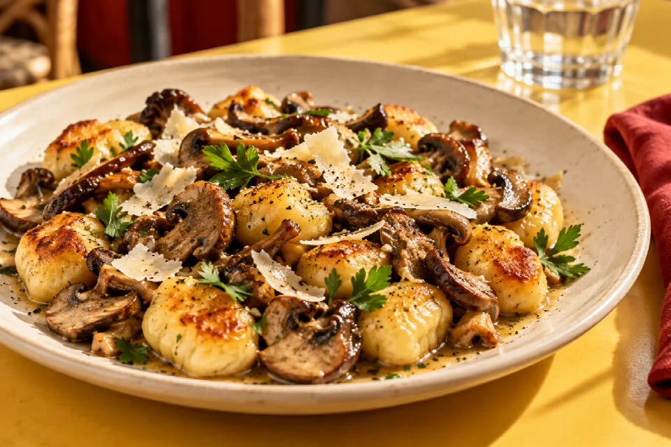 Gnocchis dorés, champignons poêlés, parmesan et persil sur une table jaune beurre