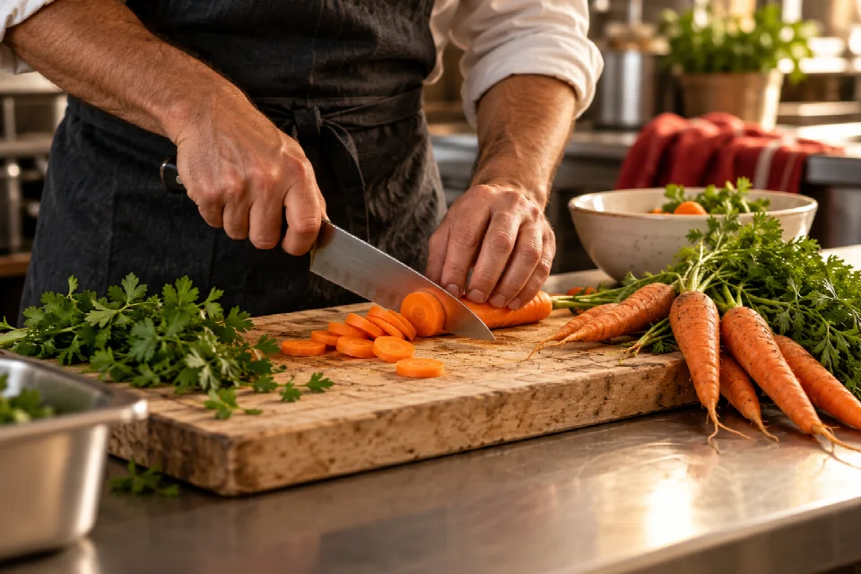 Illustration du geste en cuisine : découpe de carottes sur une planche en bois, persil frais à portée de main
